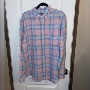 Vineyard Vines Classic Fit Tucker Shirt 100%‎ Linen Pink And Blue Plaid Size L
